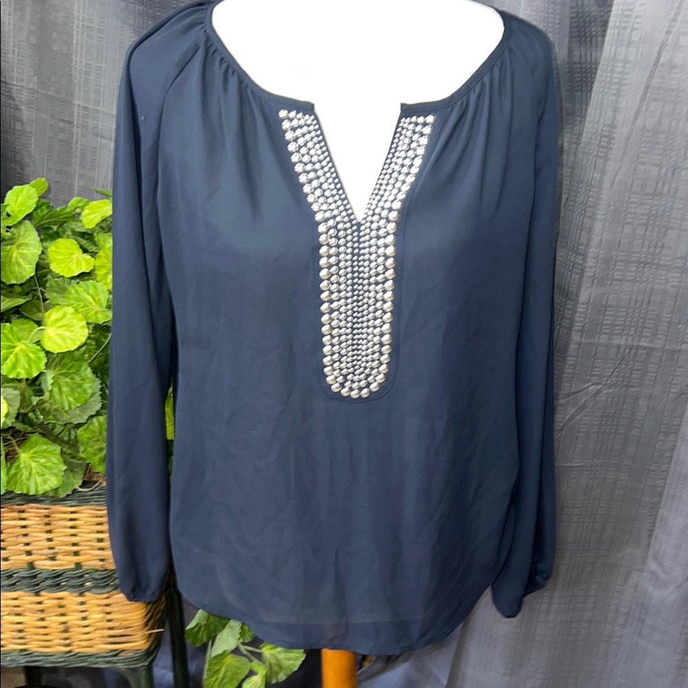Blue Embellished Blouse with Flowing Sleeves